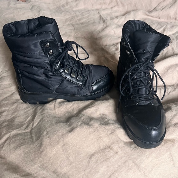 H by Halston Corinne Quilted Waterproof Nylon Combat Platform Boots in Black - Picture 1 of 3